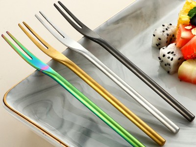 創(chuàng)意日式304不銹鋼砂光實(shí)心水果叉長柄圓柄月餅甜品蛋糕2齒水果簽