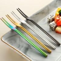 創(chuàng)意日式304不銹鋼砂光實心水果叉長柄圓柄月餅甜品蛋糕2齒水果簽