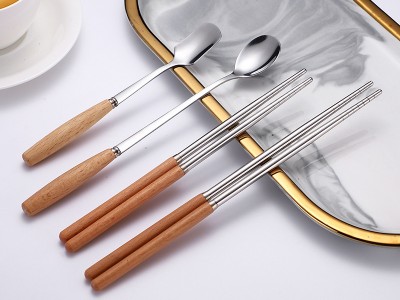 日式木柄不銹鋼餐具實木柄筷子餐刀叉子勺子禮品餐具批發(fā)激光刻字